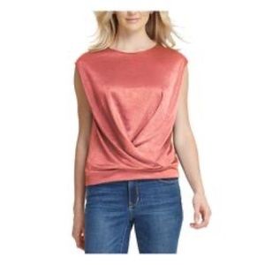DKNY Blush Pink Satin Cap Sleeve Faux Wrap Front Top Blouse sz L
